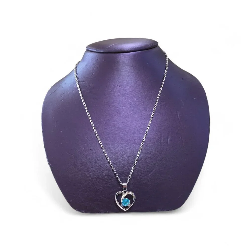 Silver-tone Light Blue Solitaire Stone Open Heart Pendant Silver Chain Necklace